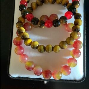 Multicolor Beaded Stretch Bracelet - Red, Yellow, Brown, all natural stones